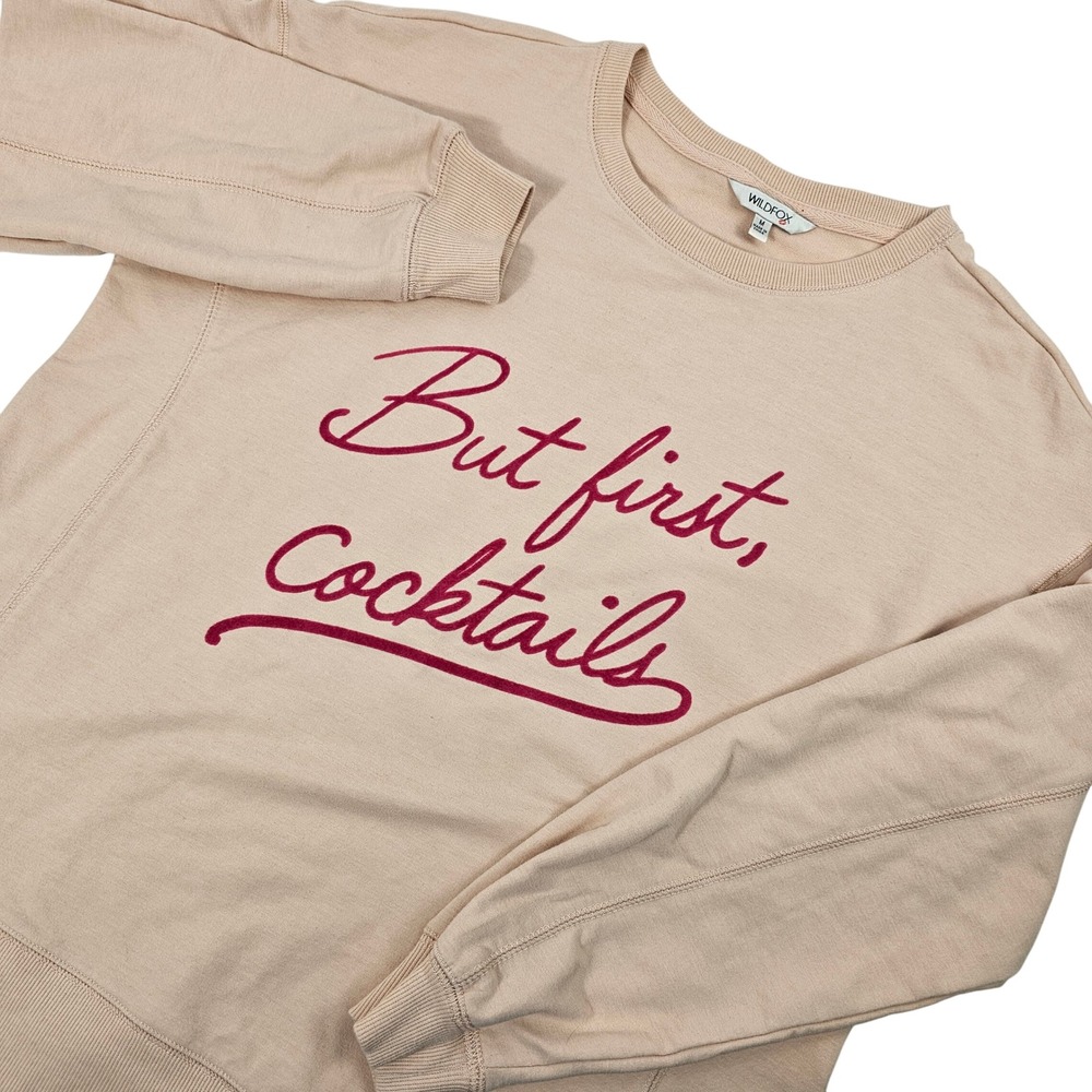Wildfox "But First, Cocktails" Beige Sweatshirt with Pink Script